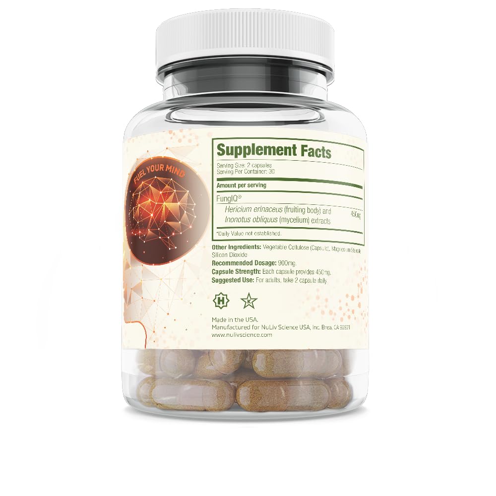 Nuliv Science FungIQ Natural Brain Health Supplement for Sustained Focus, Lion's Mane & Chaga Blend Capsule, 1 Count