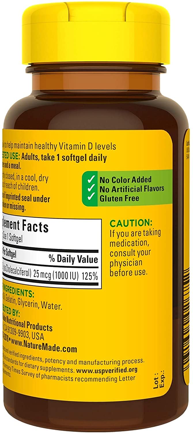 Nature Made Vitamin D3 1000 IU Supplement Softgels, 200 Count
