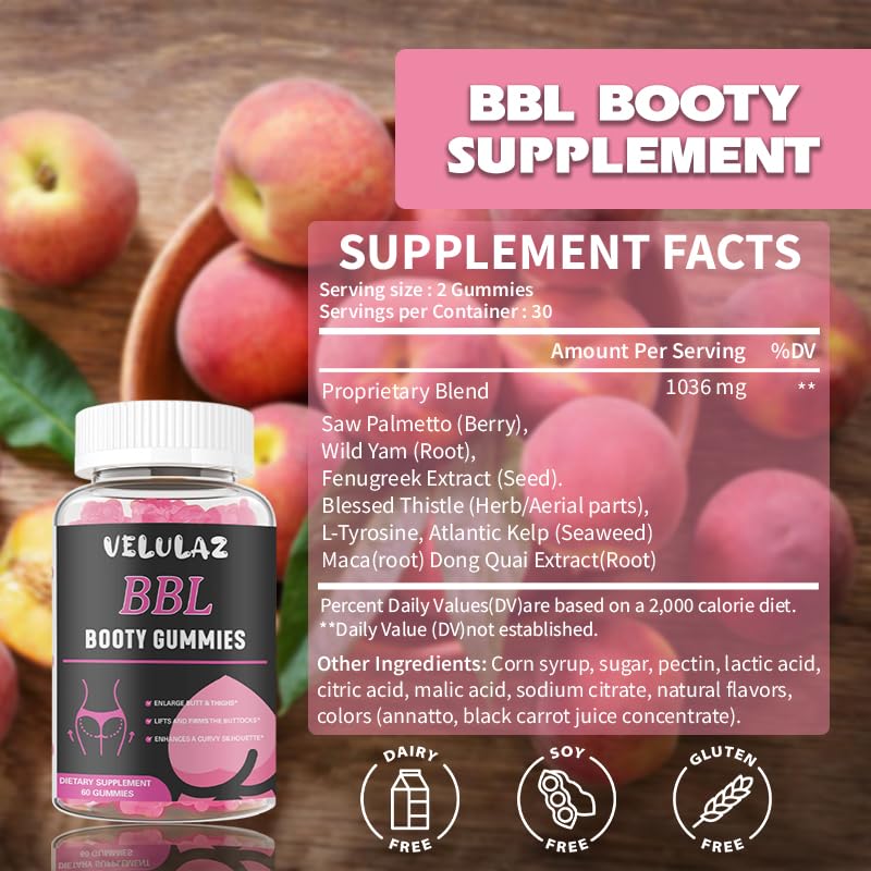 Velulaz Booty Gummies for Women - BBL Gummies with Multivitamins and Herbal Extracts - Strawberry Flavor, 60 Count