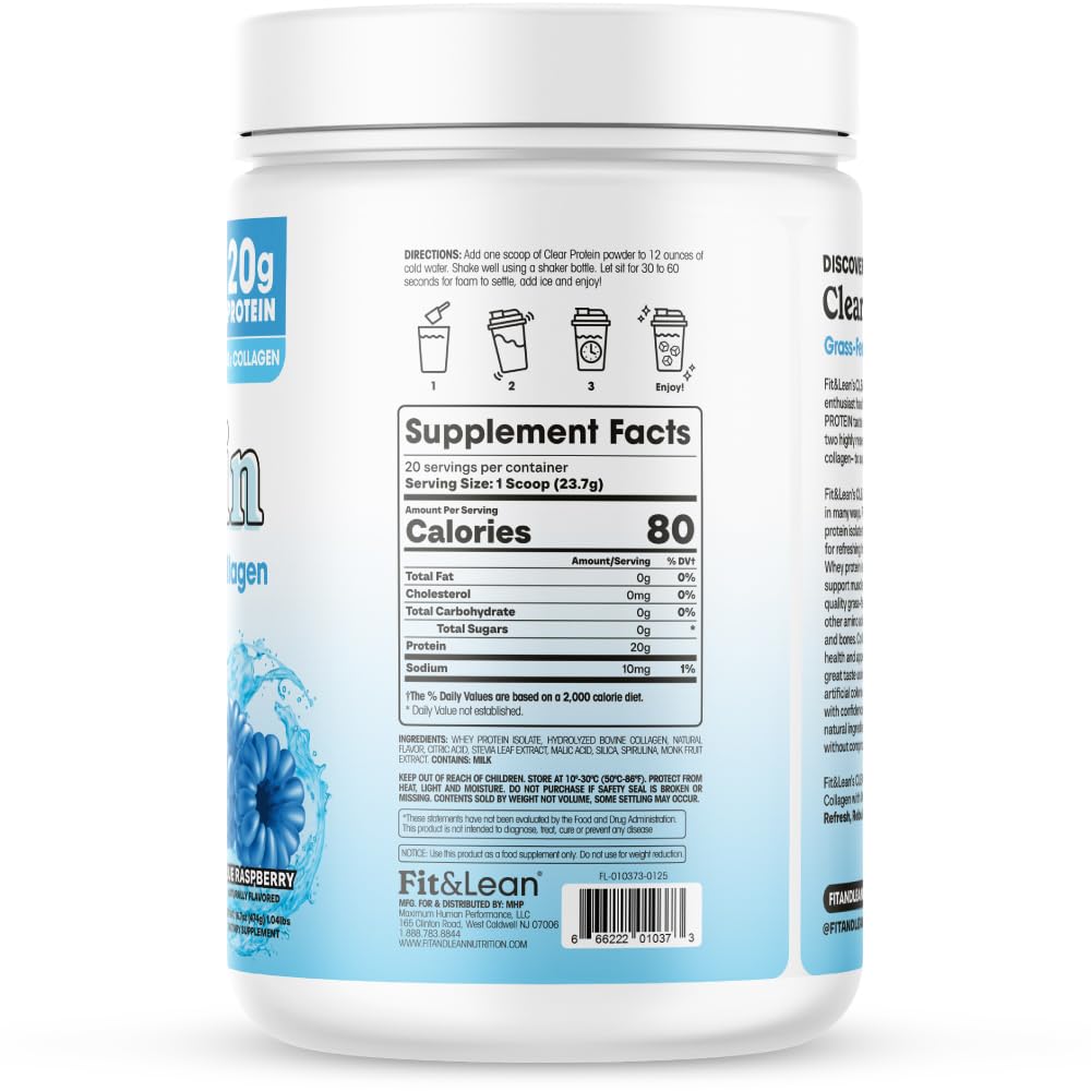 Fit & Lean Clear Protein Powder with Whey Isolate Protein and Collagen, Grass Fed, Blue Raspberry, 16.7 oz
