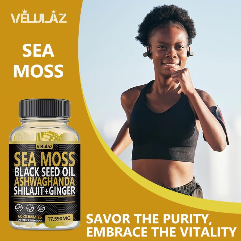 Velulaz Sea Moss & Herbal Gummies with Ginger, Black Seed Oil, Ashwagandha, Shilajit, Elderberry, Chlorophyll, Turmeric, Bladderwrack, 60 Gummies