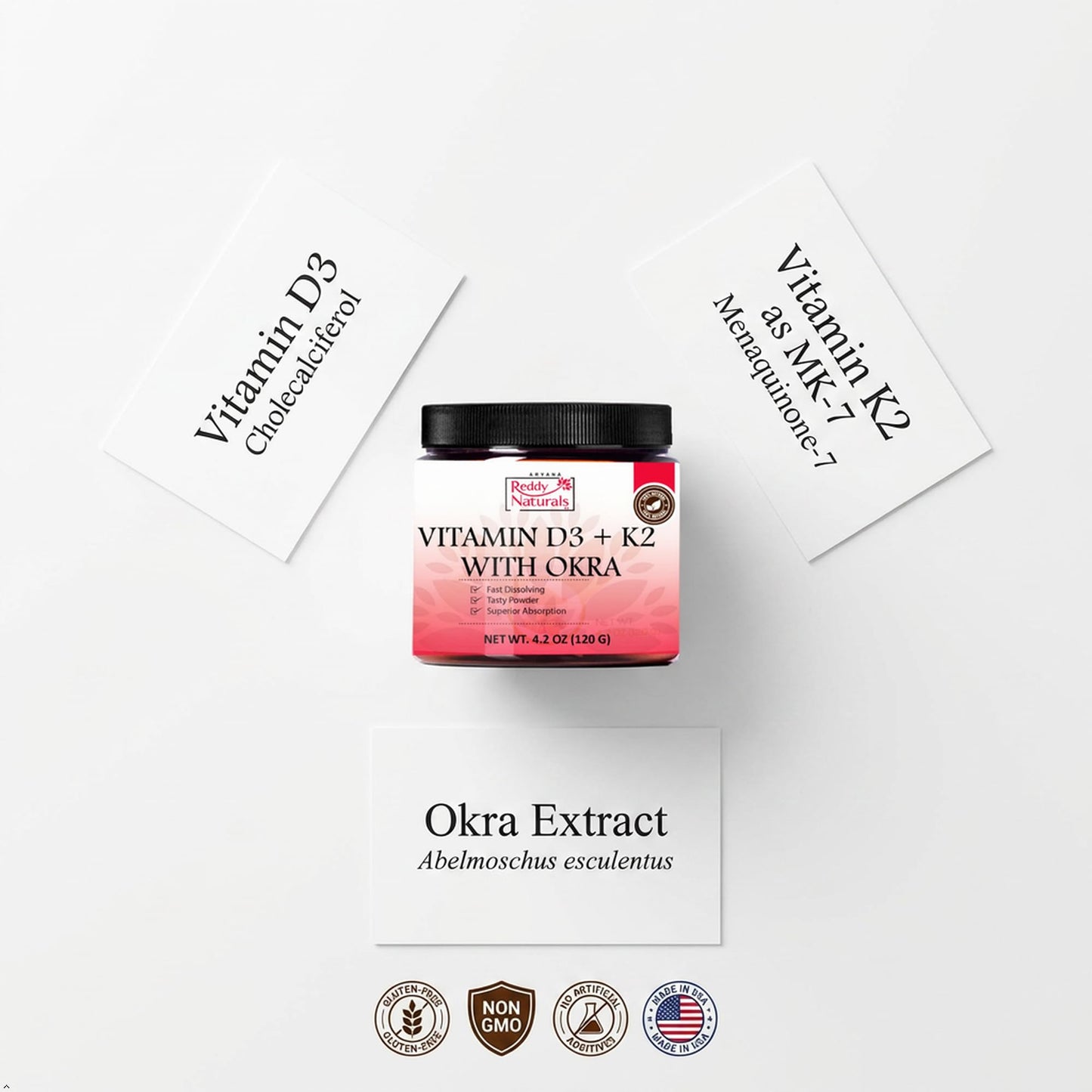 Reddy Naturals Vitamin D3 K2 MK7 Powder with Okra 4.2 oz