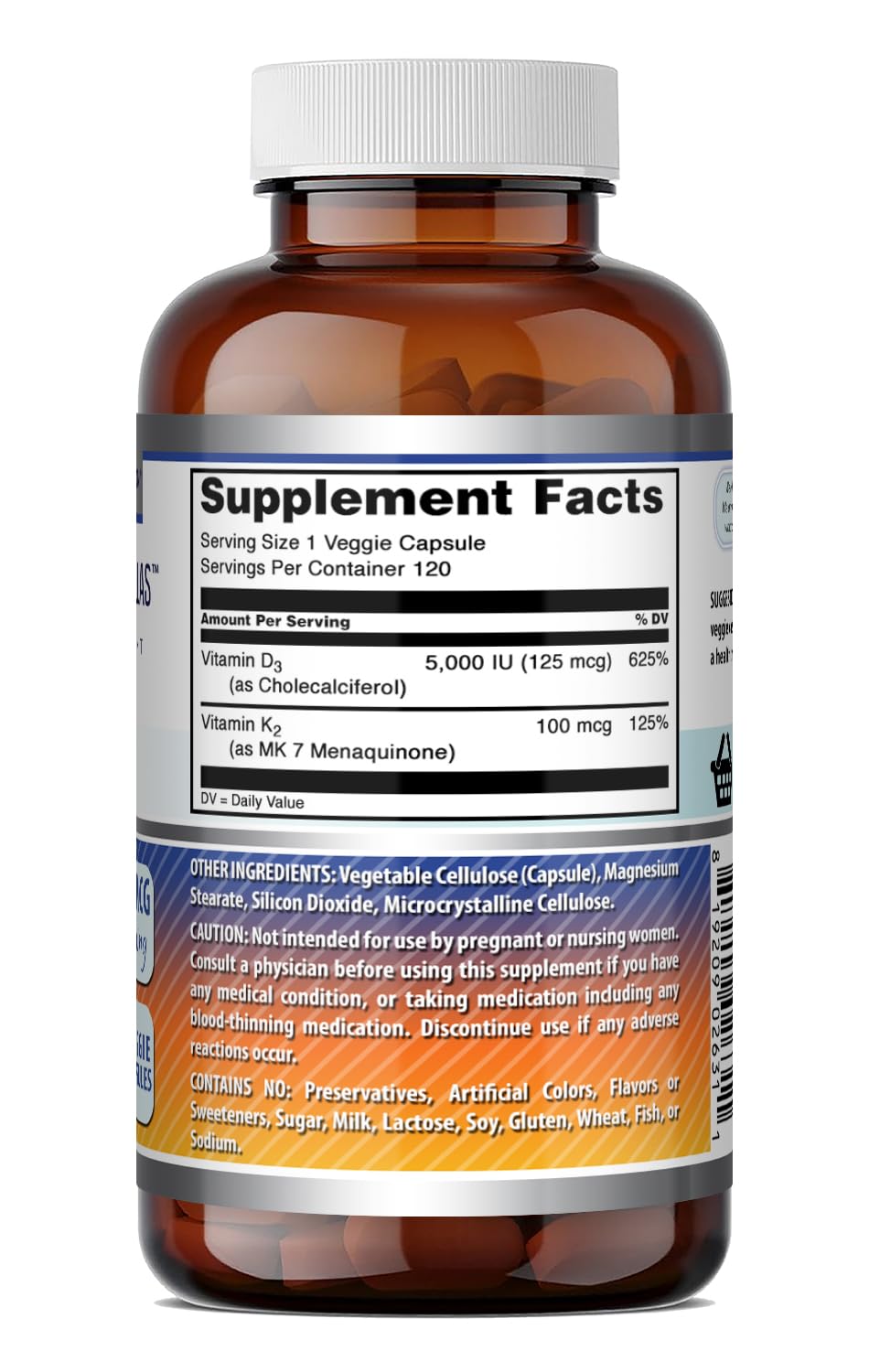 Amazing Nutrition Vitamin D3 5000 IU with Vitamin K2 100 mcg Veggie Capsules, 120 Count