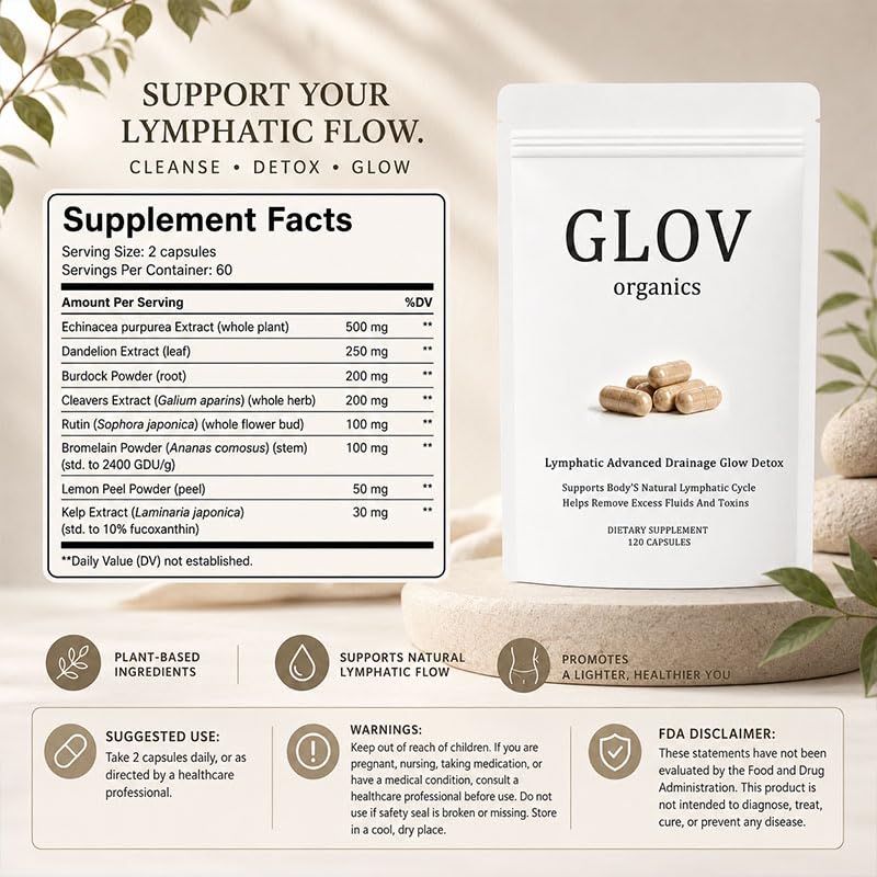 Glov Organics Lymphatic Advanced Drainage Glow Detox, Wellness Formula, 120 Capsules