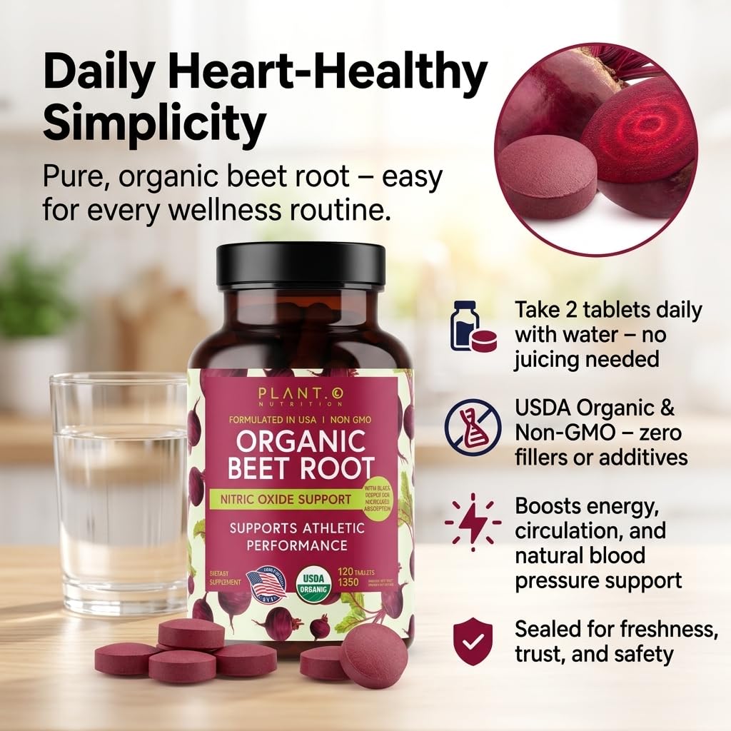 PLANT.O NUTRITION Organic Beet Root 1350mg Tablets, 120 Count