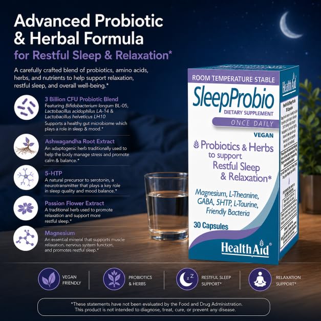 HealthAid SleepProbio Sleep Support Supplement – with Magnesium, 5-HTP, GABA, Ashwagandha & Probiotics – Helps Support Restful Sleep & Relaxation – Once Daily, Vegan Capsule, 30 Capsules