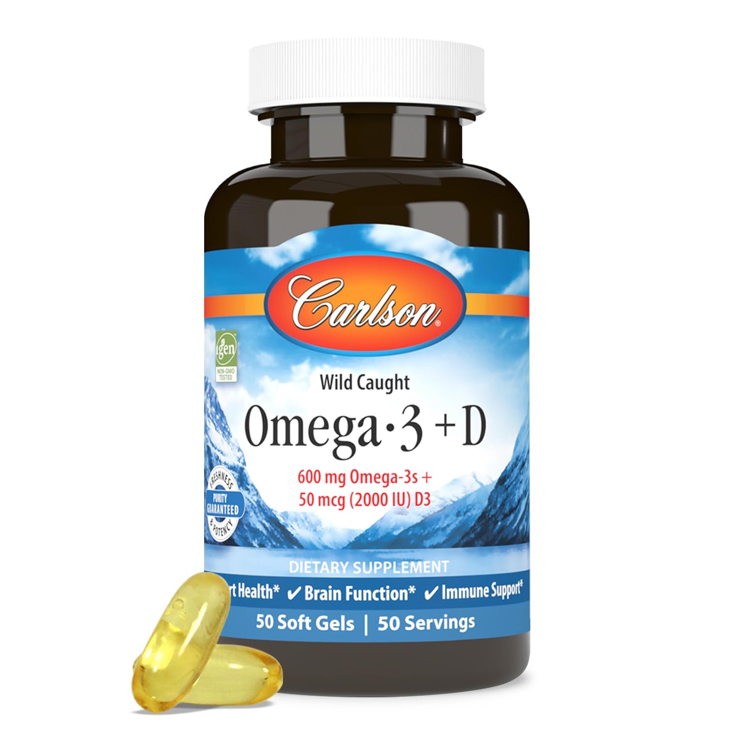 Carlson Omega-3 + D 600 mg Omega-3s with EPA & DHA + 2,000 IU Vitamin D3 Softgels, 50 Count