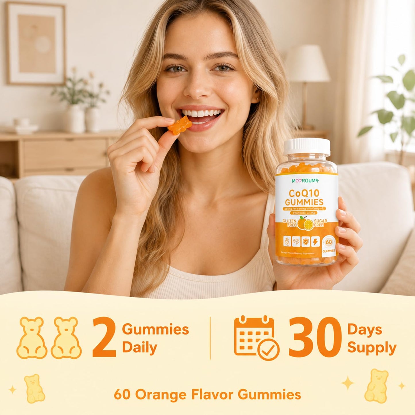 MOORGUMY CoQ10 Gummies 250mg High Absorption Coenzyme Q10 with Omega-3, Vitamin B3, Zinc, Magnesium, Supports Heart Health, Cellular Energy & Antioxidant, Vegan, Non-GMO, Orange Flavor, 60 Count