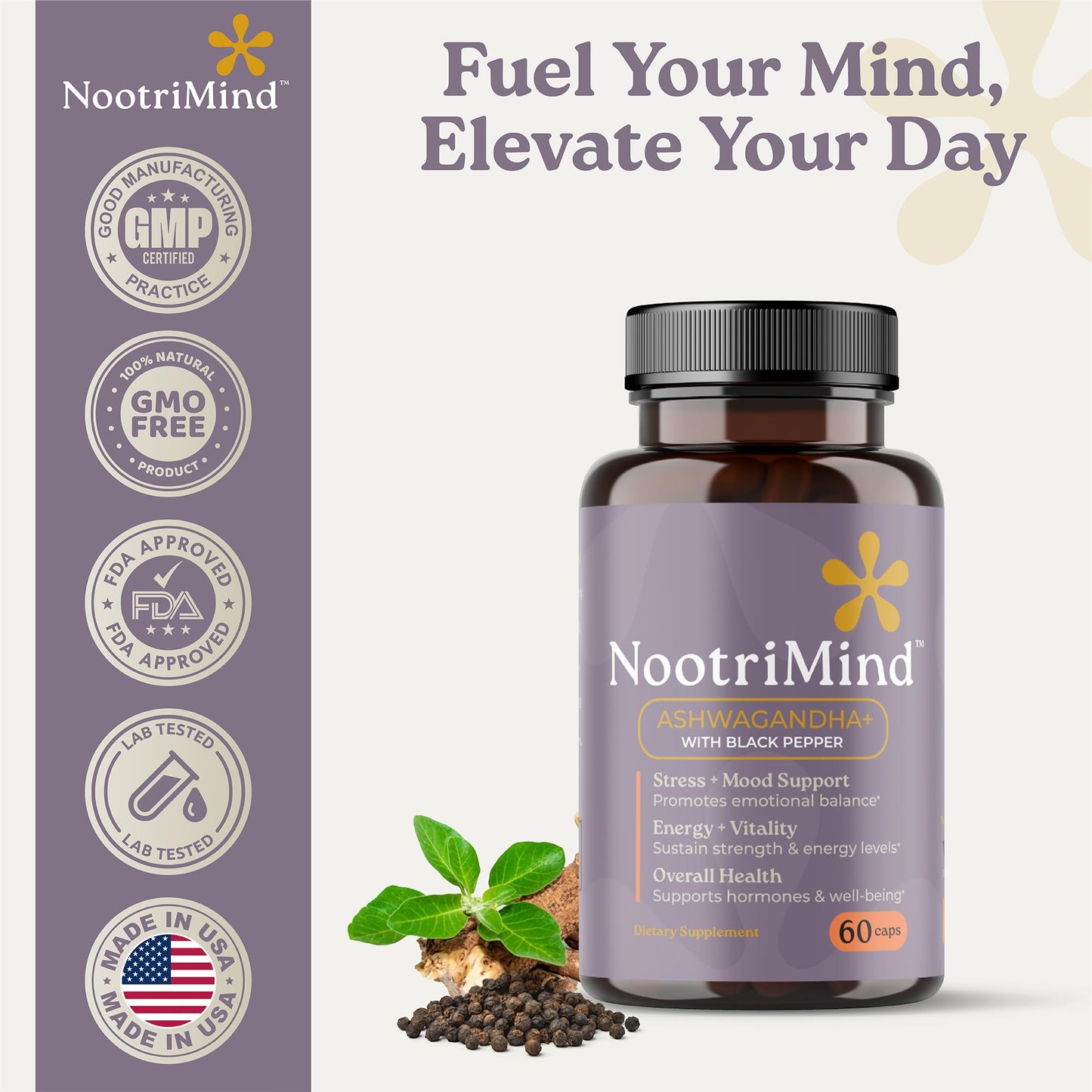 nootrimind Organic Ashwagandha Capsules 1300mg Daily Serving (Withania Somnifera) with Black Pepper – Root Powder + Extract – Relaxation & Mood Support – Vegan, Non-GMO, 60 Capsules