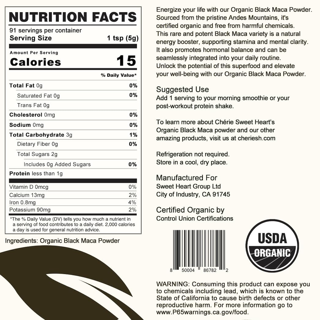 Chérie Sweet Heart Organic Black Maca Powder, 16 Ounce