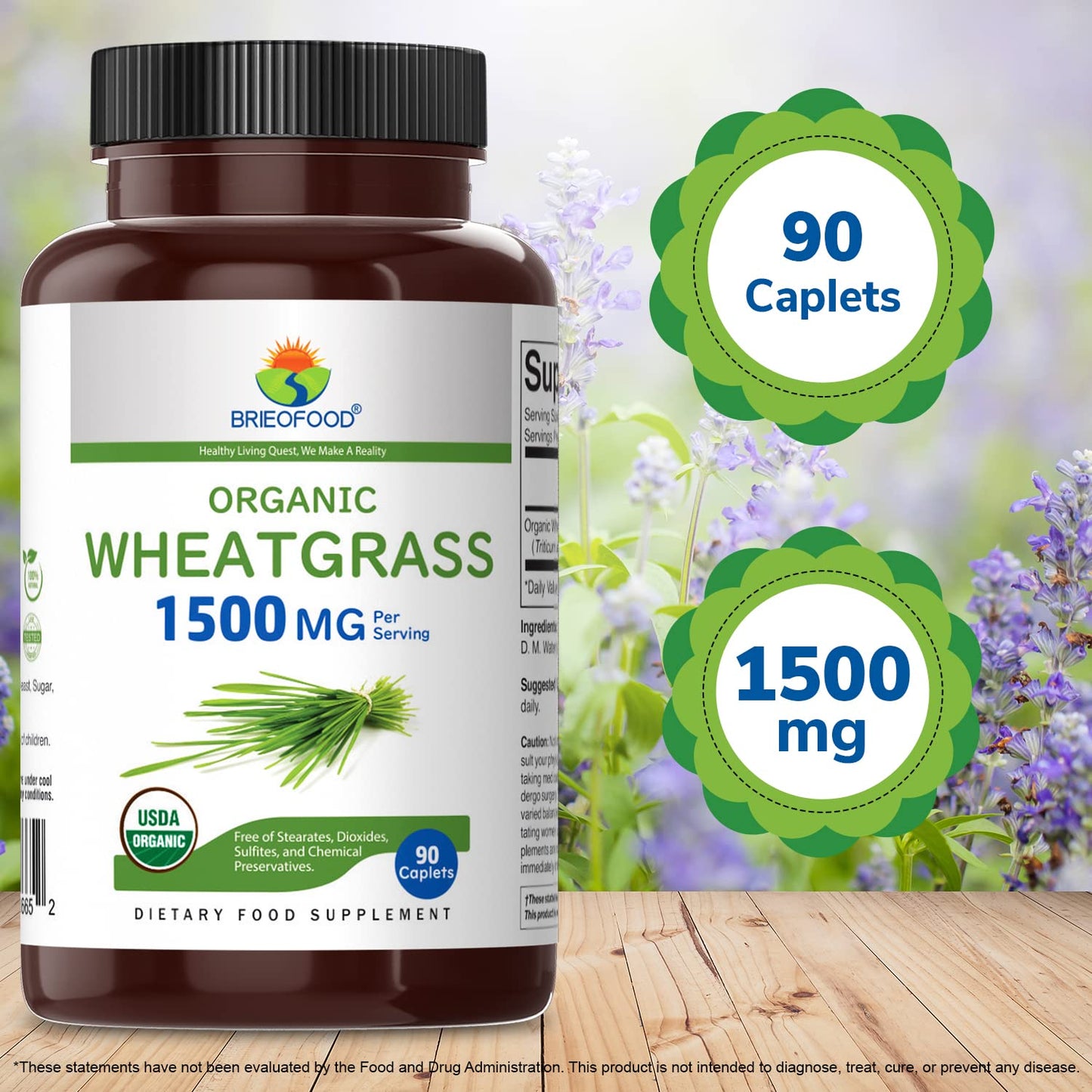 Brieofood Organic Wheatgrass 1500mg Tablet, 90 Count