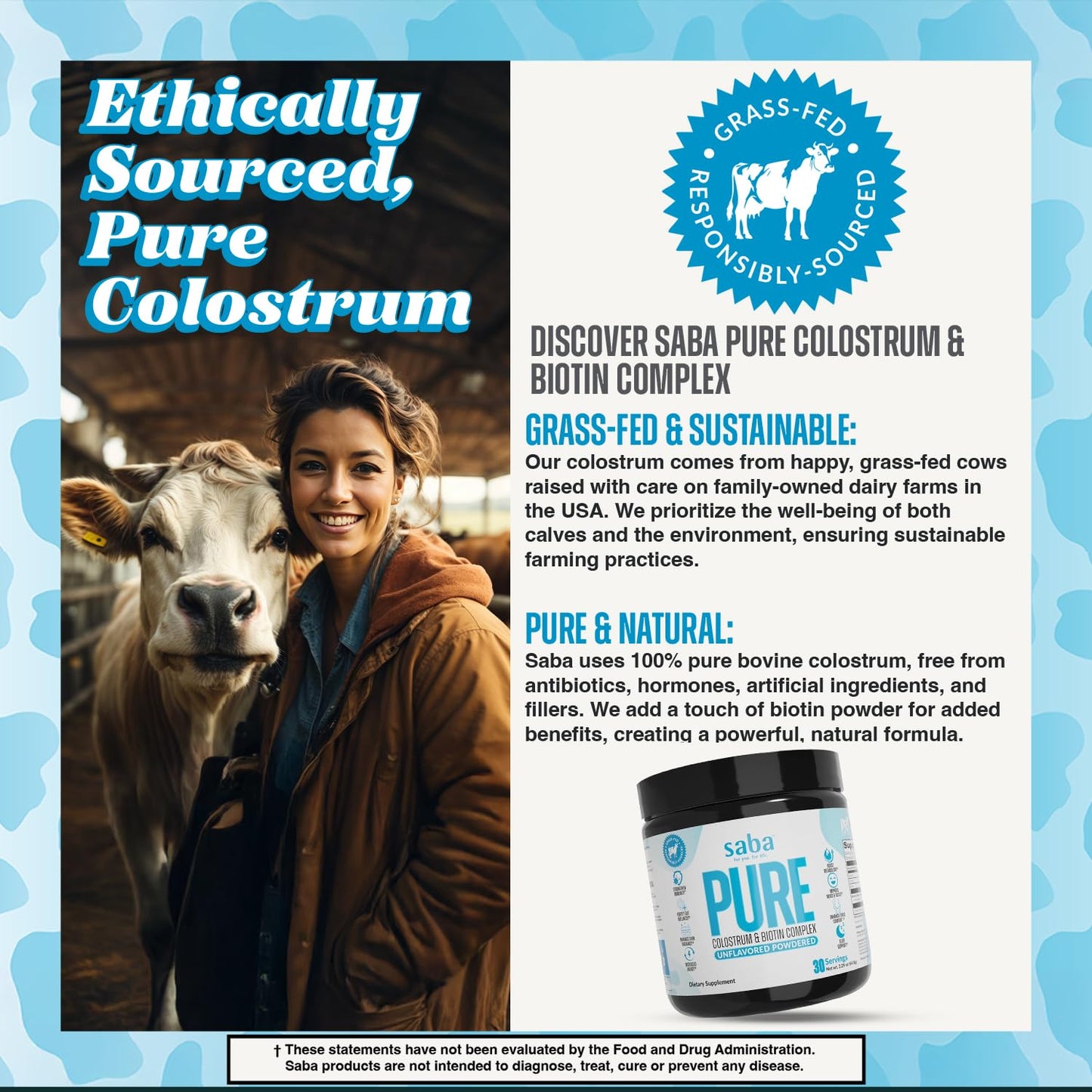 Saba Pure Colostrum & Biotin Complex Powder, 60 Counts