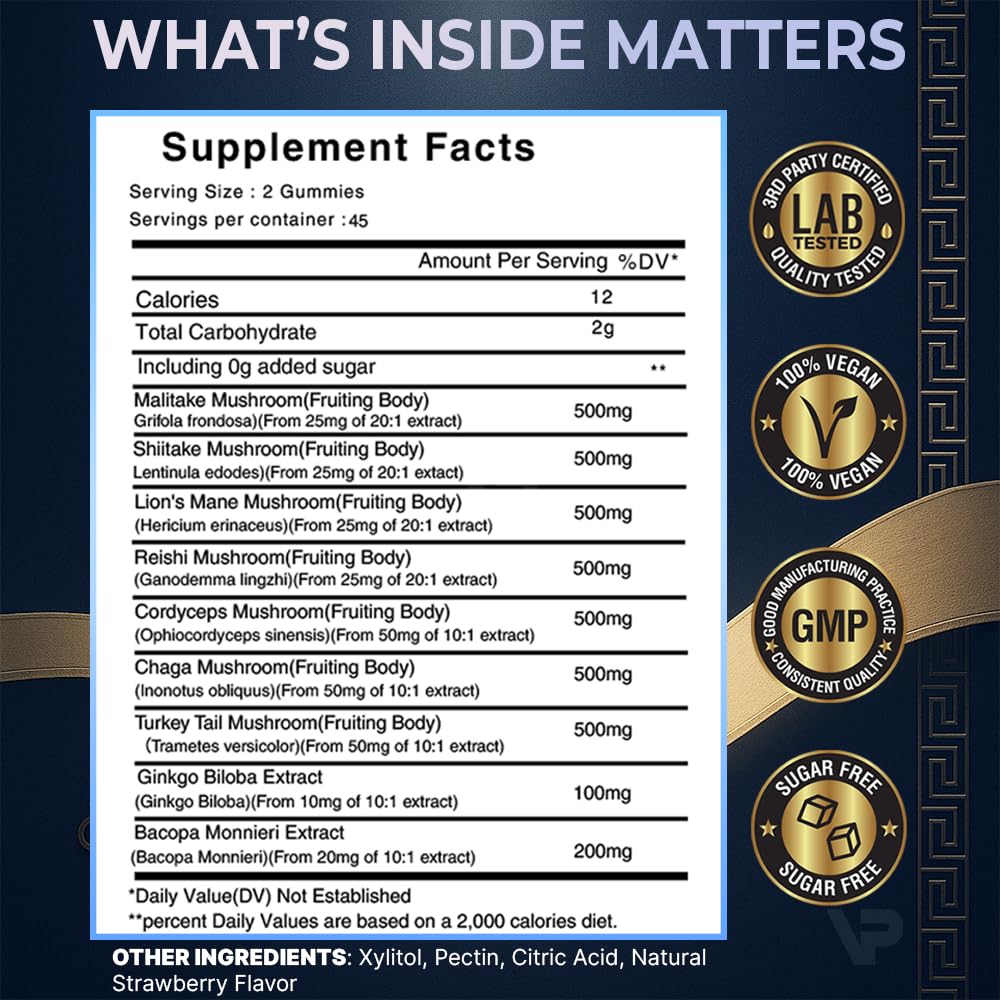 Varipeak 9-In-1 Nootropic Mushroom Gummies with Lion's Mane, Reishi, Chaga, Bacopa Monnieri & Gingko Biloba, 90 Count