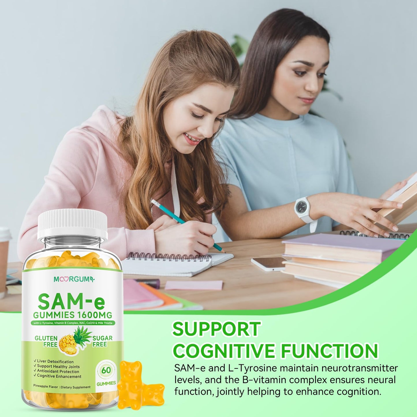 MOORGUMY SAM-e L-Tyrosine with NAC, CoQ10 & Vitamin B Complex Gummies, 60 Gummies