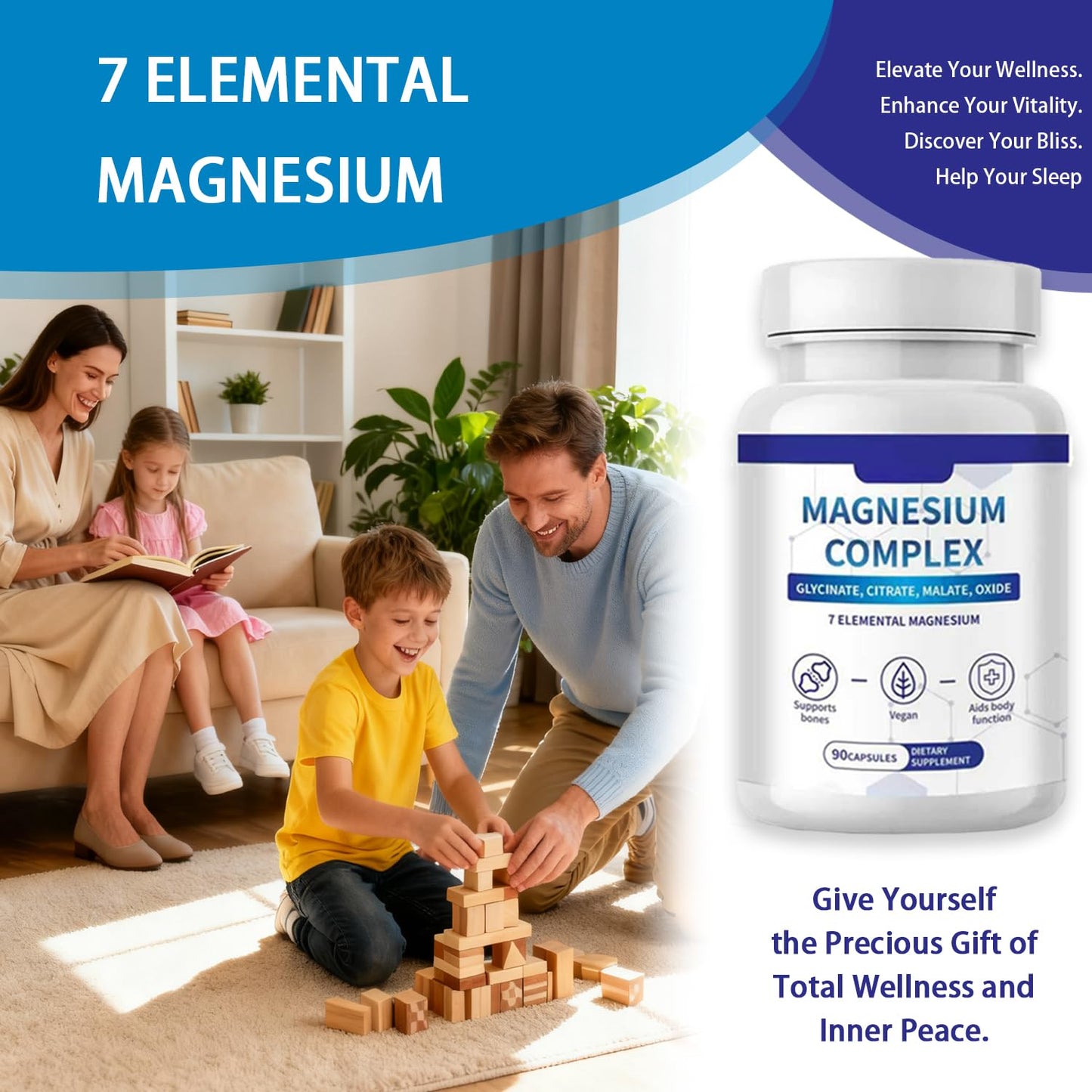 SERSANVE Magnesium Complex 7 Elemental Supplement 1000mg Glycinate, Citrate, Malate for Easy Absorption, Vegan Non-GMO, 90 Capsules