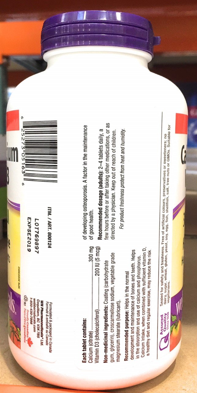 Webber Naturals Calcium Citrate Vitamin D3 300mg/200IU High Absorption Tablet, 1 Count
