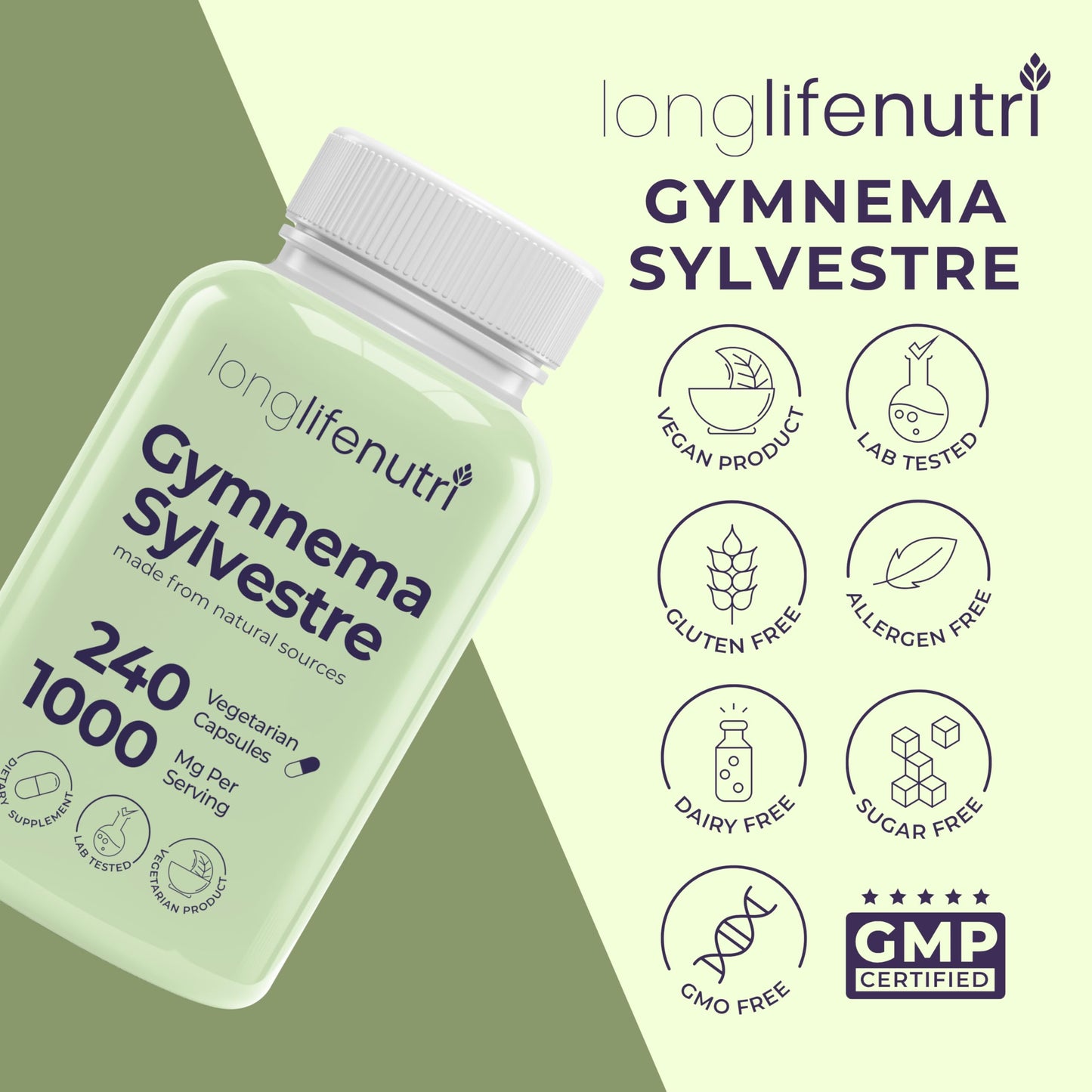 LongLifeNutri Gymnema Sylvestre 1000mg Organic 20:1 Leaf Extract Capsules, 240 Count