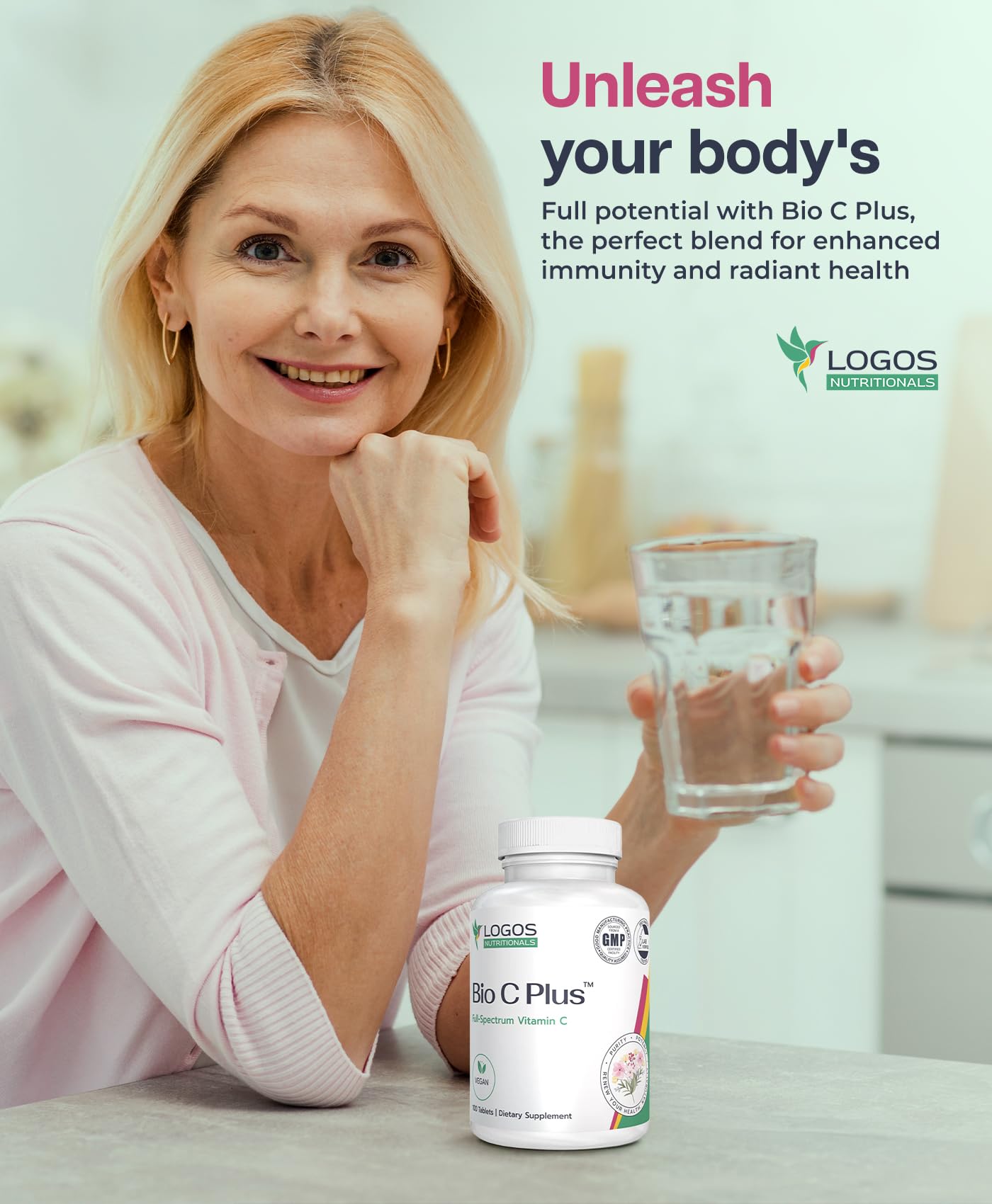 logos nutritionals Bio C Plus Vitamin C 1000 mg - High Potency Vitamin C Supplements with Ascorbic Acid & Rose Hips, Supports Healthy Immune System & Antioxidant Protection, Vegan, 100 Tablets