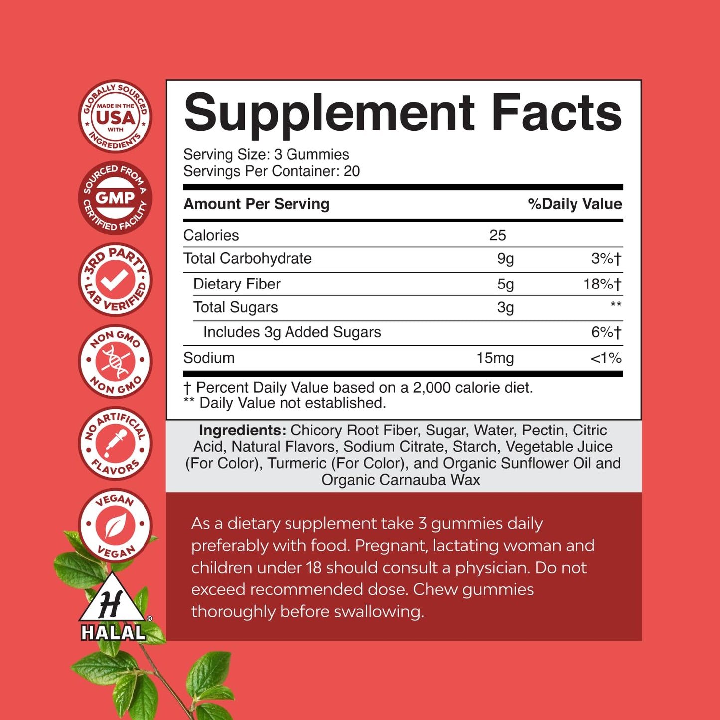 Natures Craft Tasty Prebiotic Fiber Gummy for Adults - High Fiber Supplement with Prebiotic Soluble Chicory Root for Immunity and Digestive Support, Non-GMO, Vegan, Halal, 60 Count