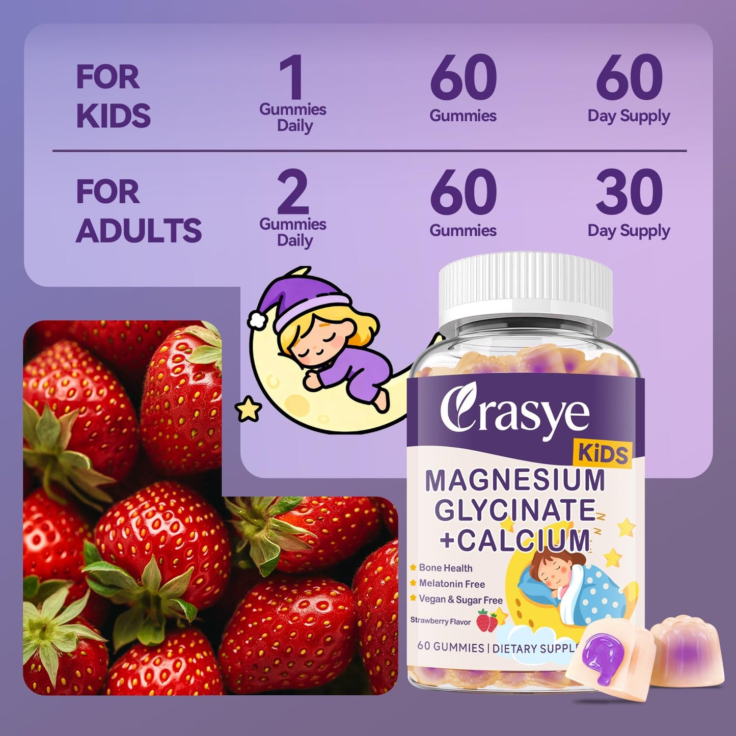 Crasye Magnesium Glycinate + Calcium Gummies for Kids, 60 Count