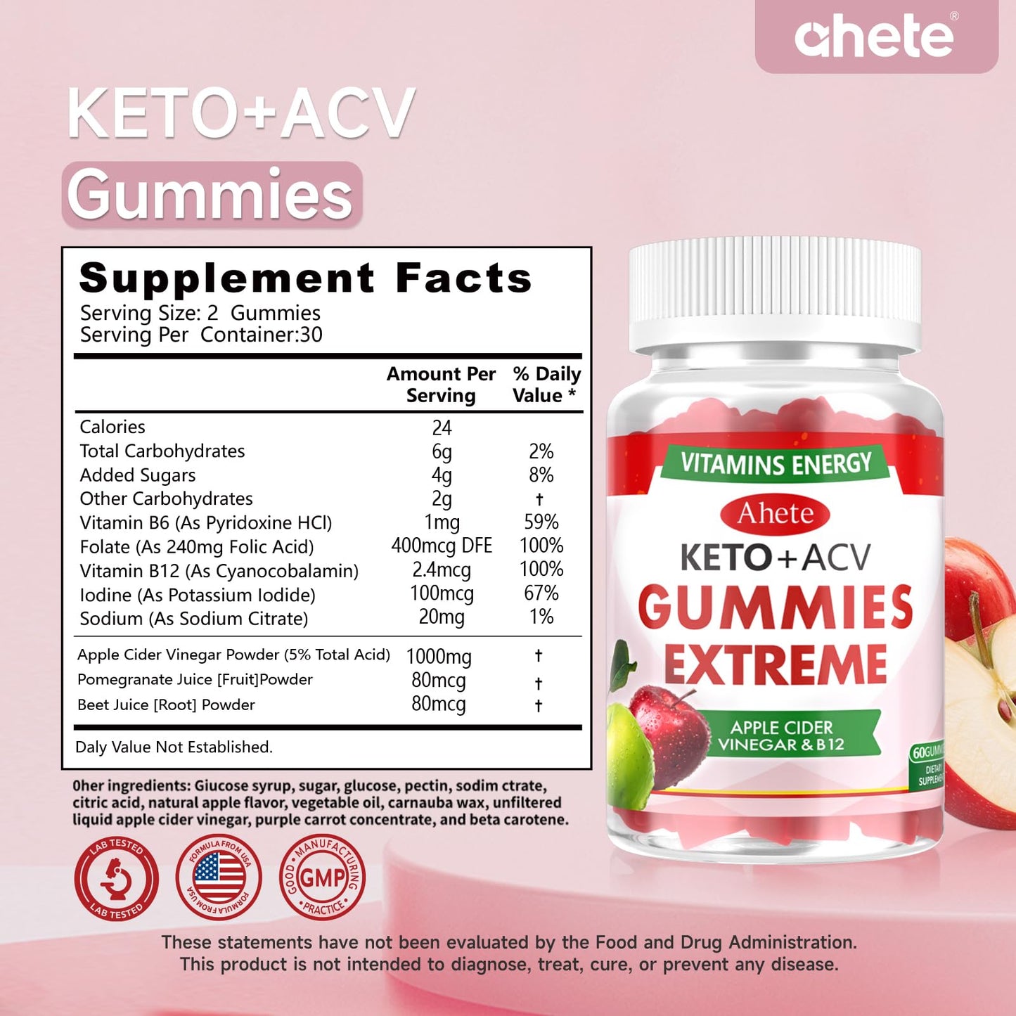 Ahete Keto + ACV Gummies Extreme, Apple Cider Vinegar with B12, Dietary Supplement with Vitamins, Energy Support 60 Count