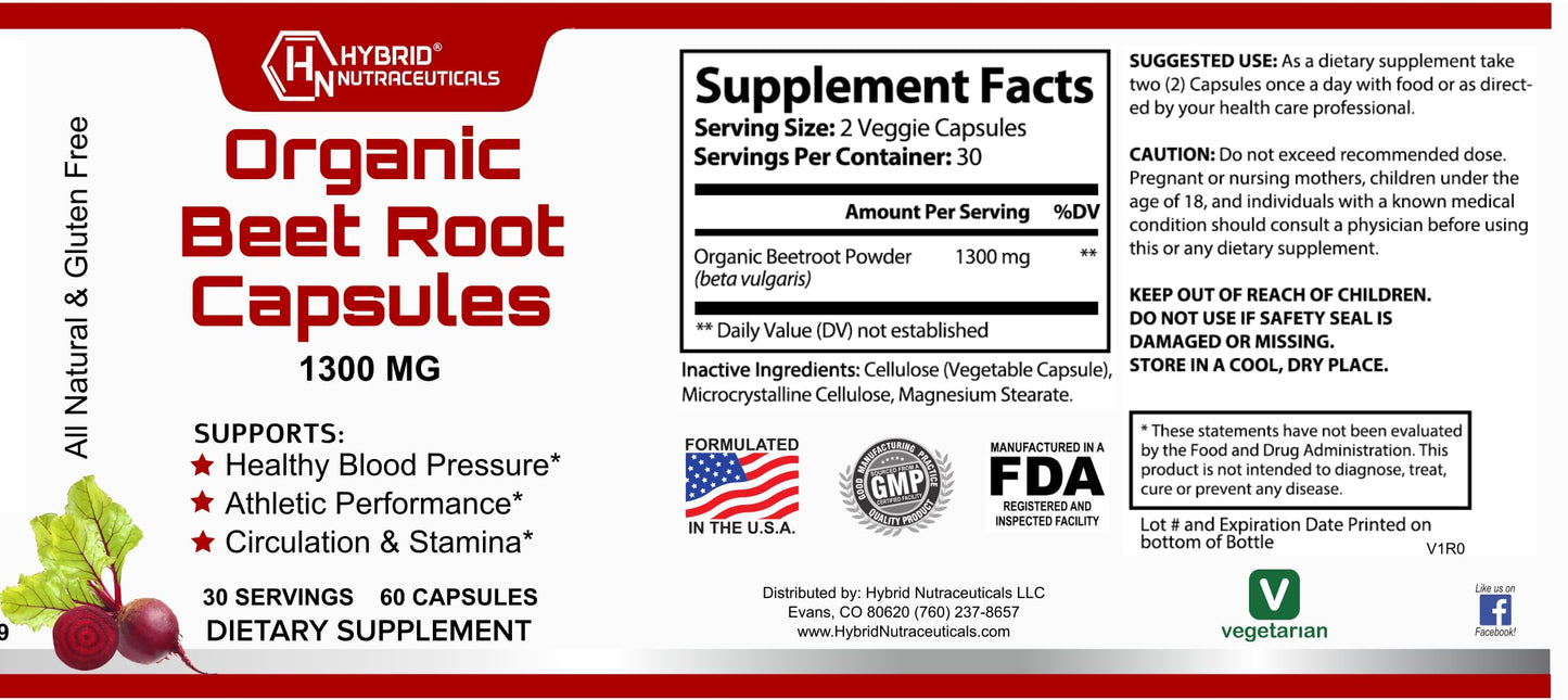 Hybrid Nutraceuticals Organic Beet Root Capsules 1300mg, 60 Capsules