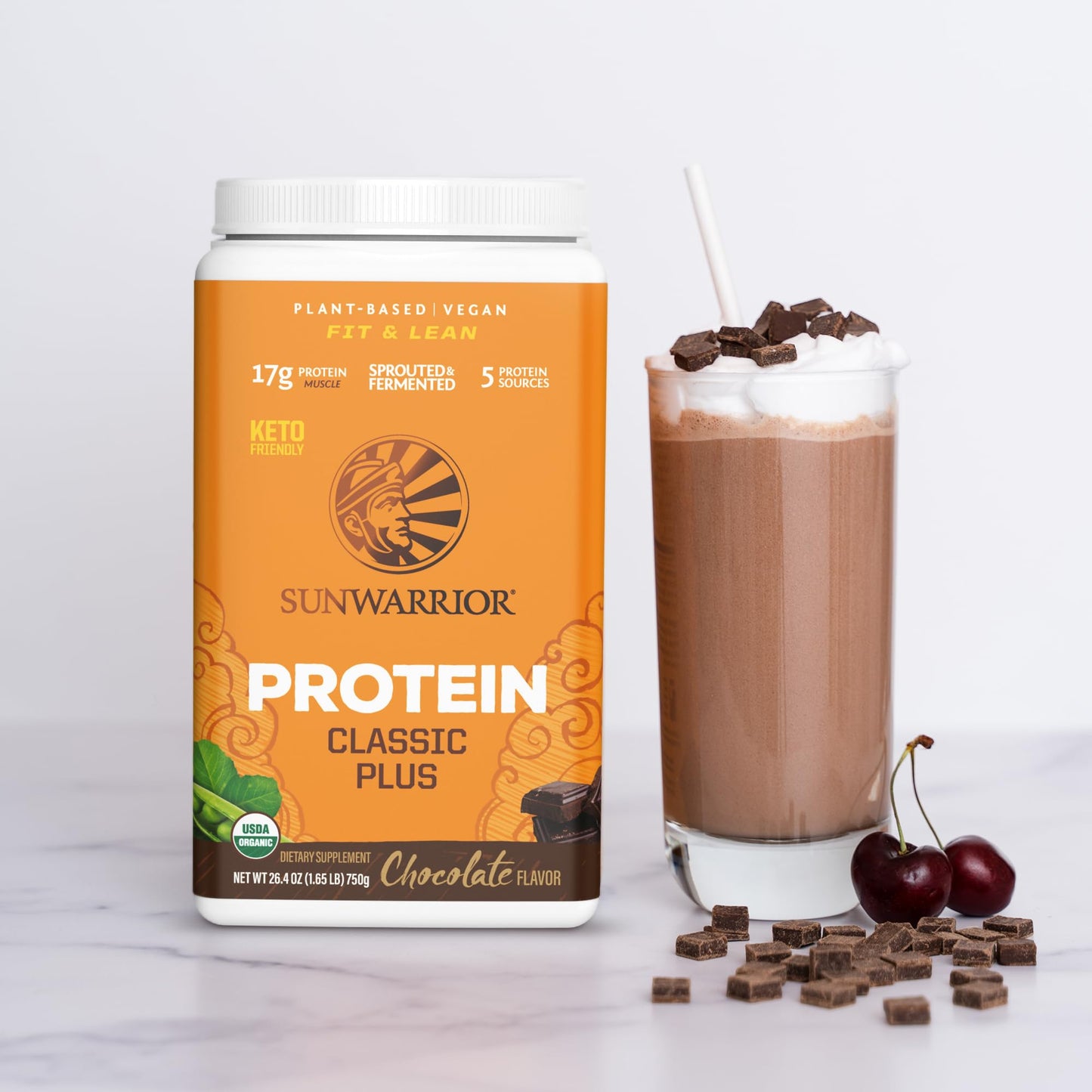 Sunwarrior Classic Plus Vegan Protein Powder with Peas & Brown Rice, Chocolate, 30 Servings