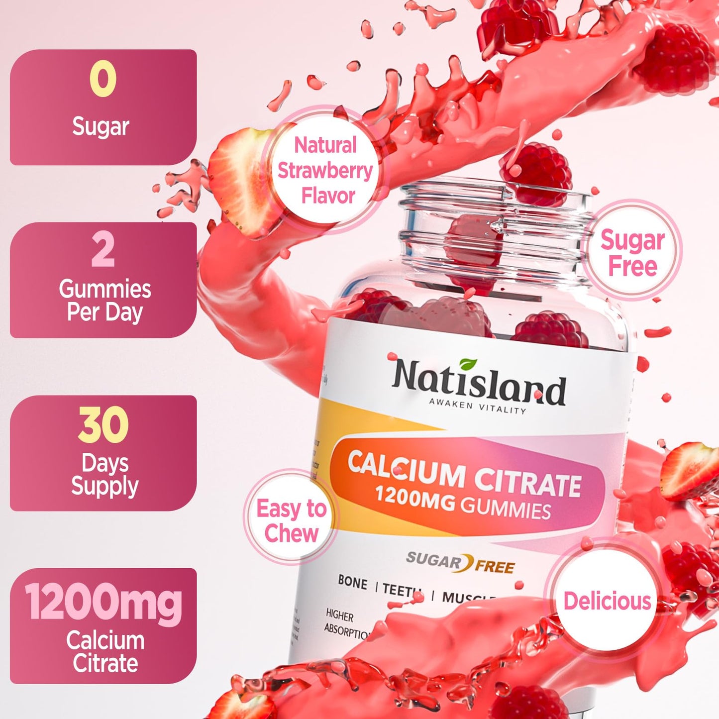 NATISLAND Calcium 1200 mg with Vitamin D3, K2, High Absorption Calcium Citrate with Vitamin D3, K2, Magnesium, Zinc, Potassium, Boron, Sugar-Free, Vegan, 60 Gummies