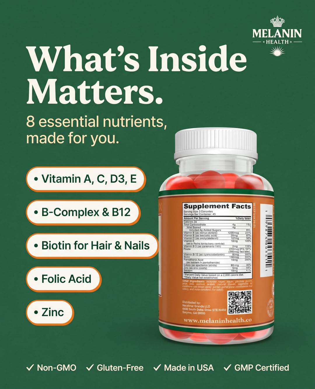 Melanin Health Women's Multivitamin Gummies – Immune Support, Energy & Hair Skin Nails – Vitamins A, C, D, E, B6, B12, Biotin, Zinc – Berry Flavor, Non-GMO, Gluten Free, Vegan – 90 Gummies