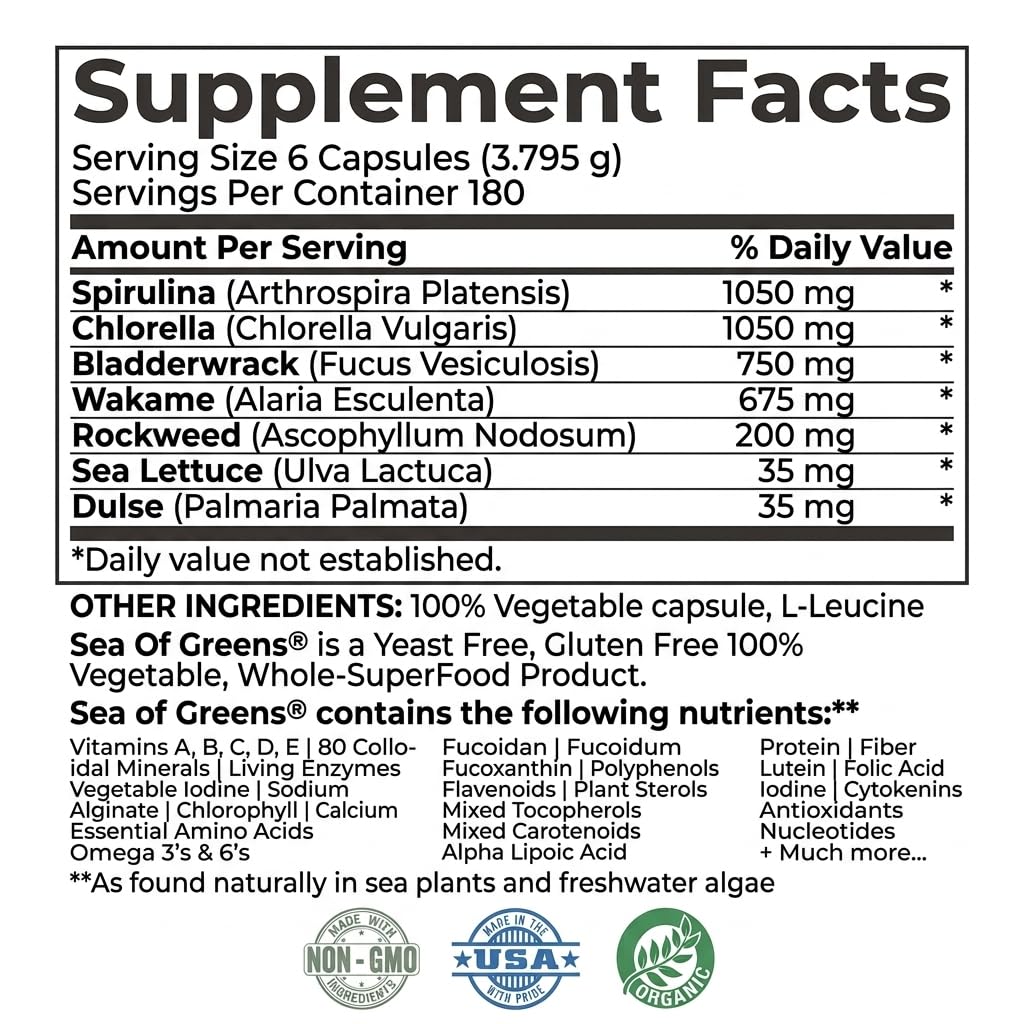 NHS Global Sea of Greens Organic Seaweed & Algae Superfood Blend Capsules, 180 Count