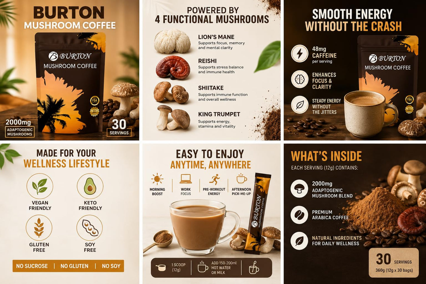 Generic BURTON Mushroom Coffee Organic Adaptogenic Mushroom Blend with Arabica Coffee, Lion’s Mane, Reishi, Shiitake & King Trumpet, 48mg Caffeine, Vegan & Keto Friendly, 30 Servings, Powder, 12.71 oz