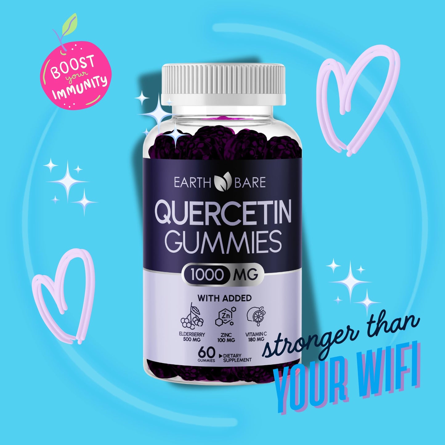 Earth Bare Quercetin Gummies with Elderberry, Zinc & Vitamin C, 60 Gummies