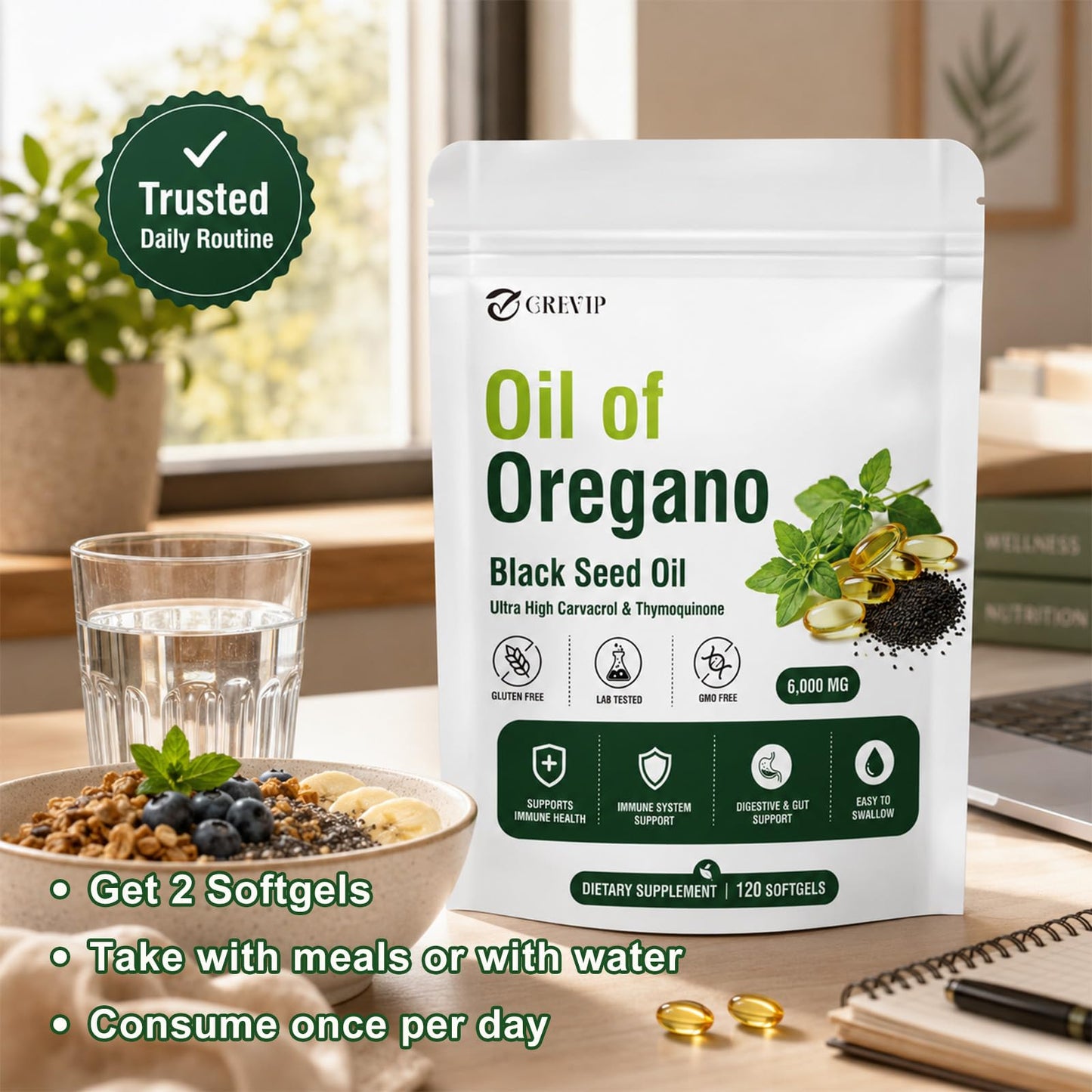 GREVIP Oil of Oregano Softgel with Black Seed Oil, 1 Count