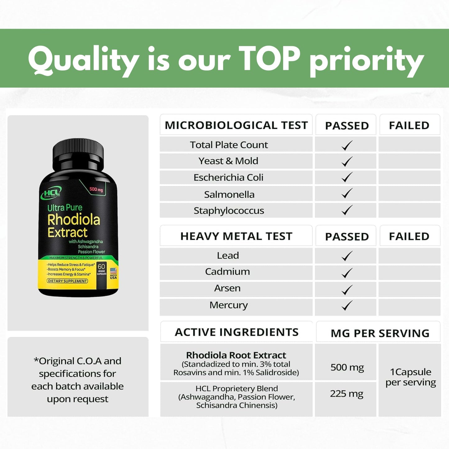 HCL Herbal Code Labs Rhodiola Rosea Supplement High Potency Extract 500mg with Ashwagandha, Shisandra & Passion Flower Capsules, 60 Count