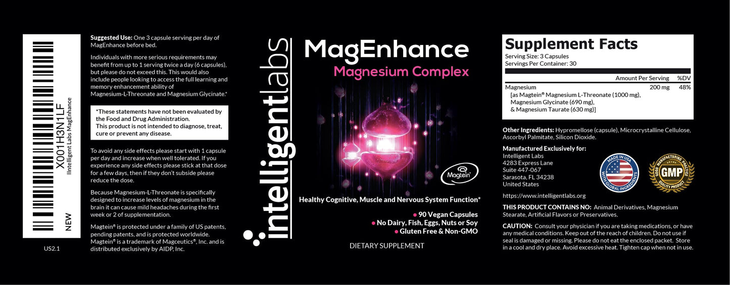 Intelligent Labs MagEnhance Magtein Magnesium Complex Supplement L-Threonate with Magnesium Glycinate and Taurate Capsules, 90 Count