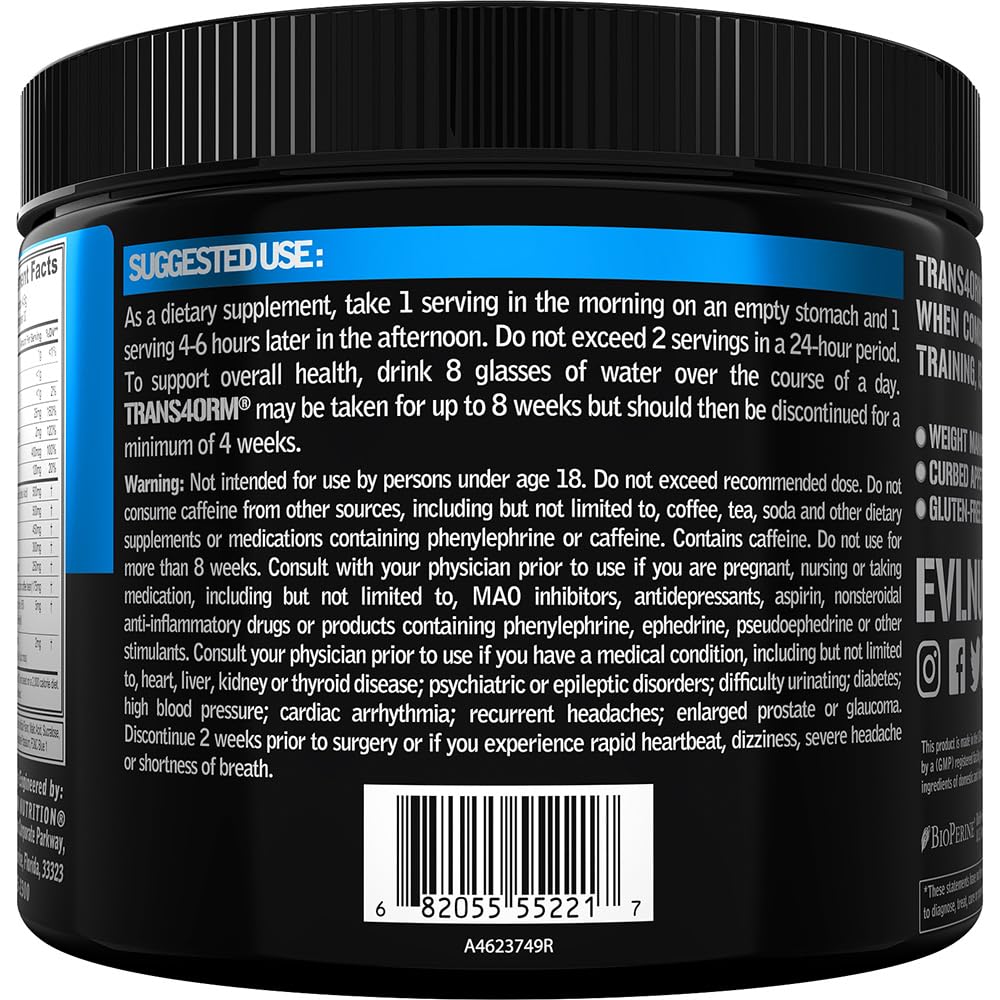 Evlution Trans4orm Thermogenic Fat Burning Support Powder Blue Raz 5.1 Ounce