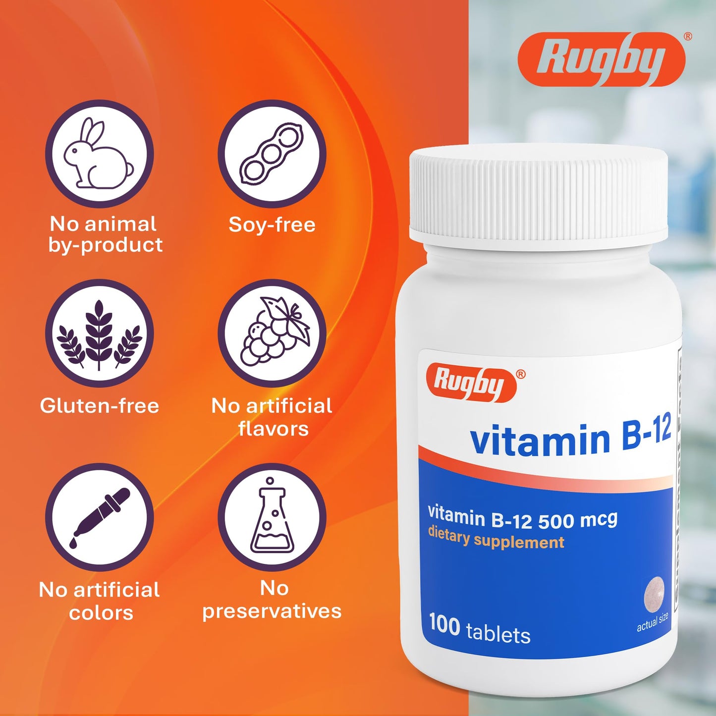 Rugby Laboratories Vitamin B12 500 mcg Tablet, 100 Tablets