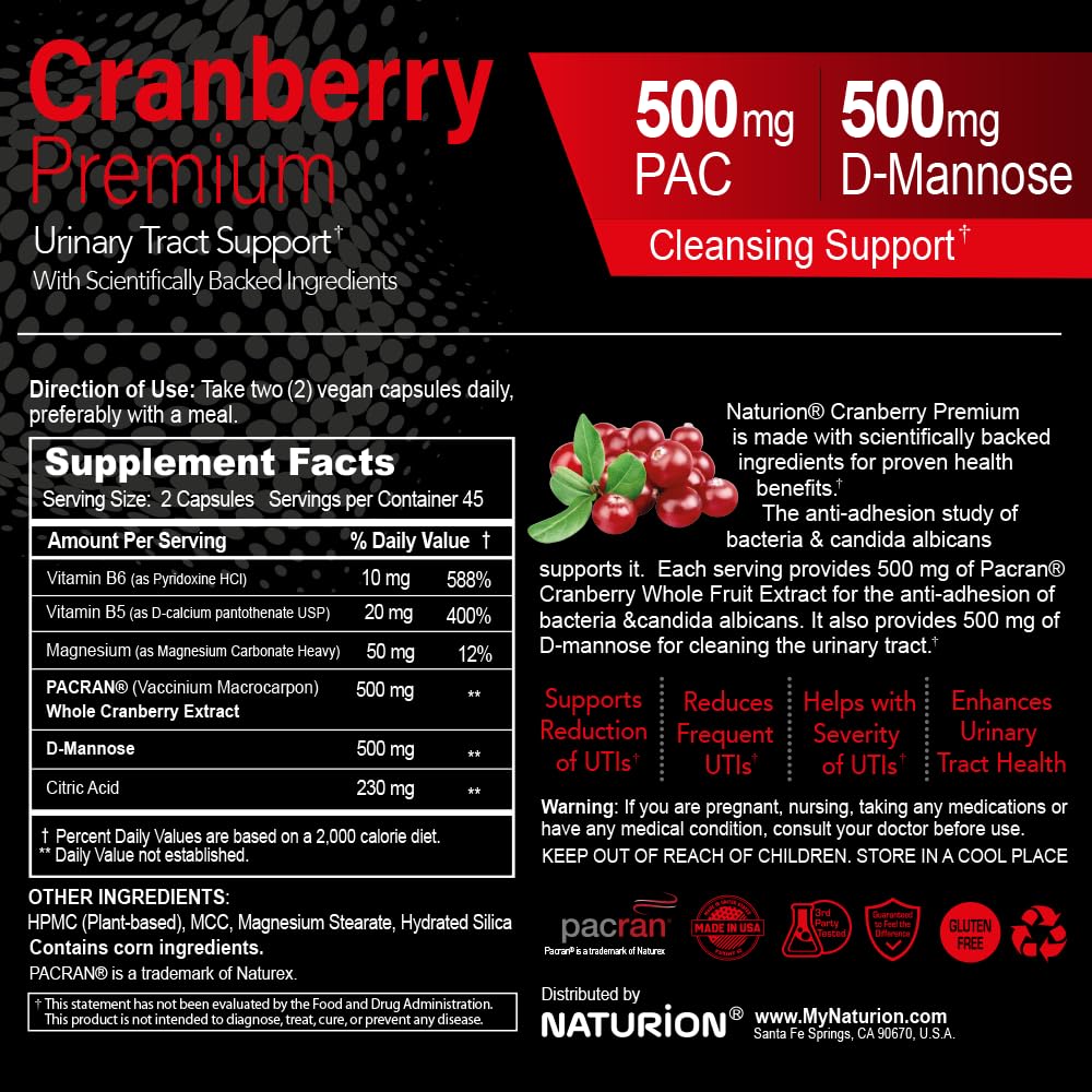 NATURION Cranberry Premium Urinary Tract Support with PACRAN Cranberry Extract & D-Mannose Capsule, 90 Count