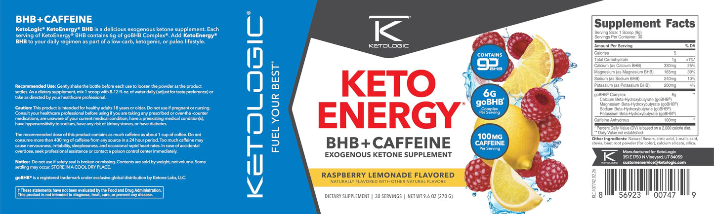 Ketologic KetoLogic BHB KetoEnergy Exogenous Ketones Powder with Caffeine Raspberry Lemonade 8.9 Ounce