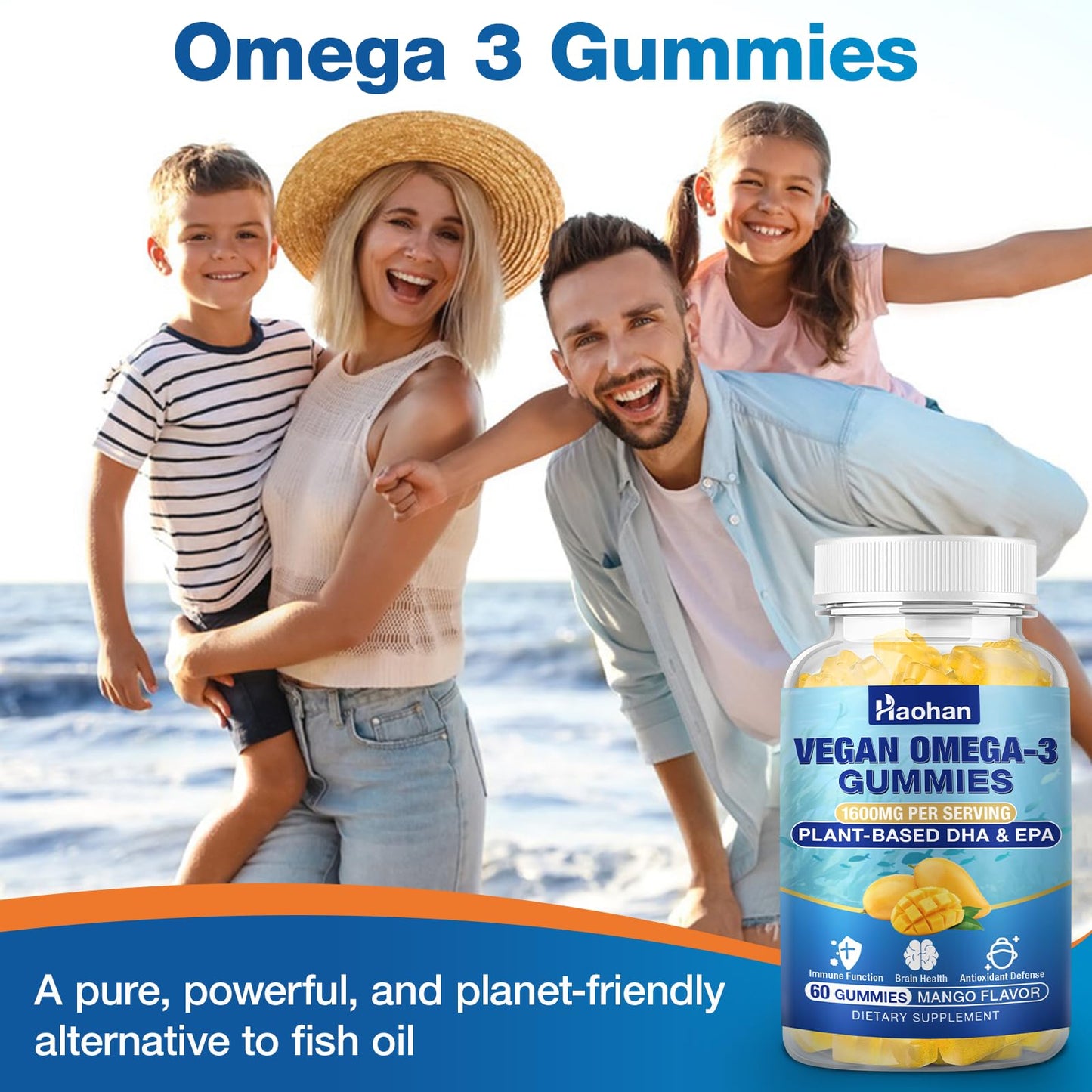 Haohan Omega-3 Gummies for Adults, Orange Flavor – Sugar-Free, Algae-Derived DHA 600mg & EPA 300mg, with Vitamins A, C, E, Zinc, 120 Gummies