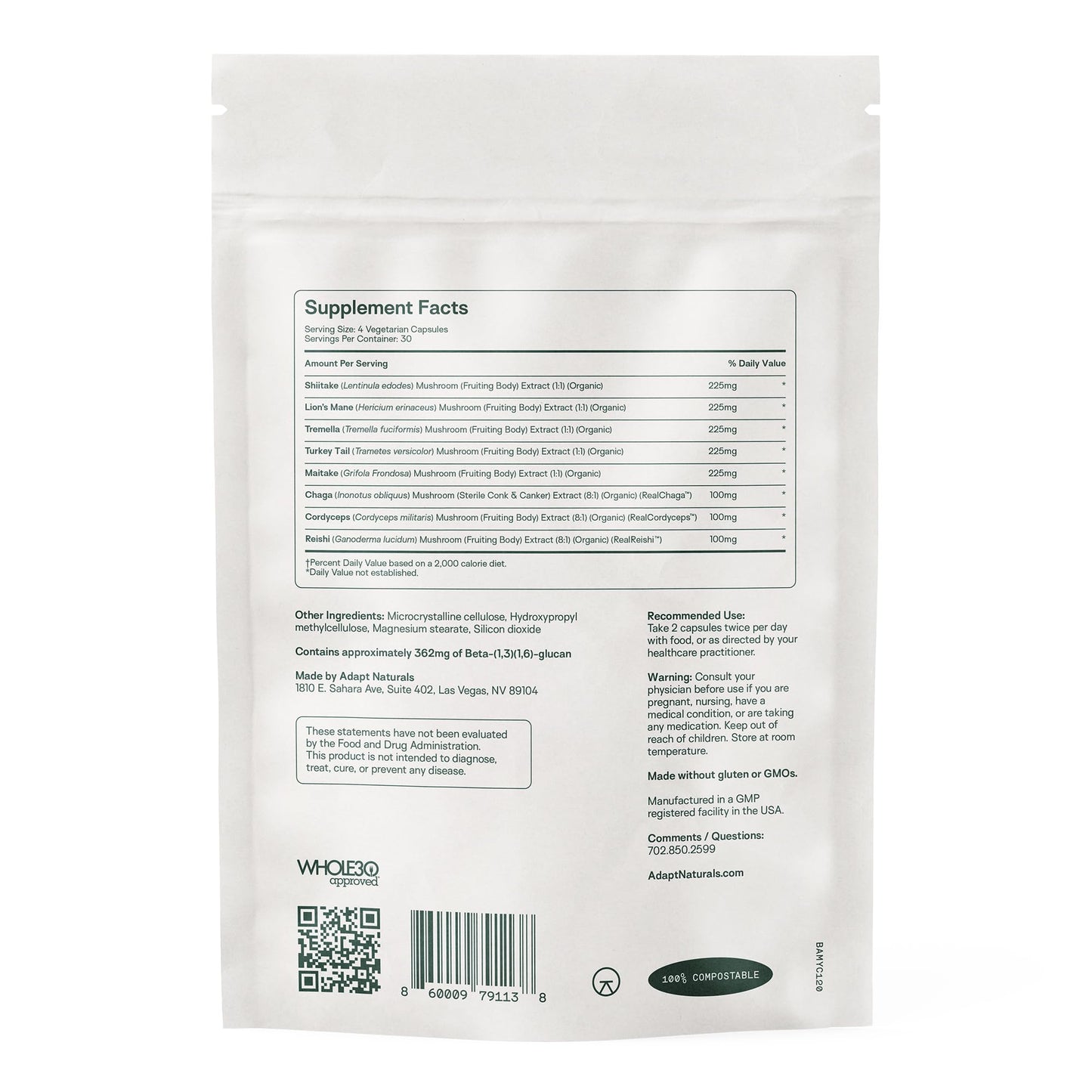 Adapt Naturals by Chris Kresser Bio-Avail Myco 8-in-1 Superfood Mushroom Supplement Complex Capsule, 120 Count