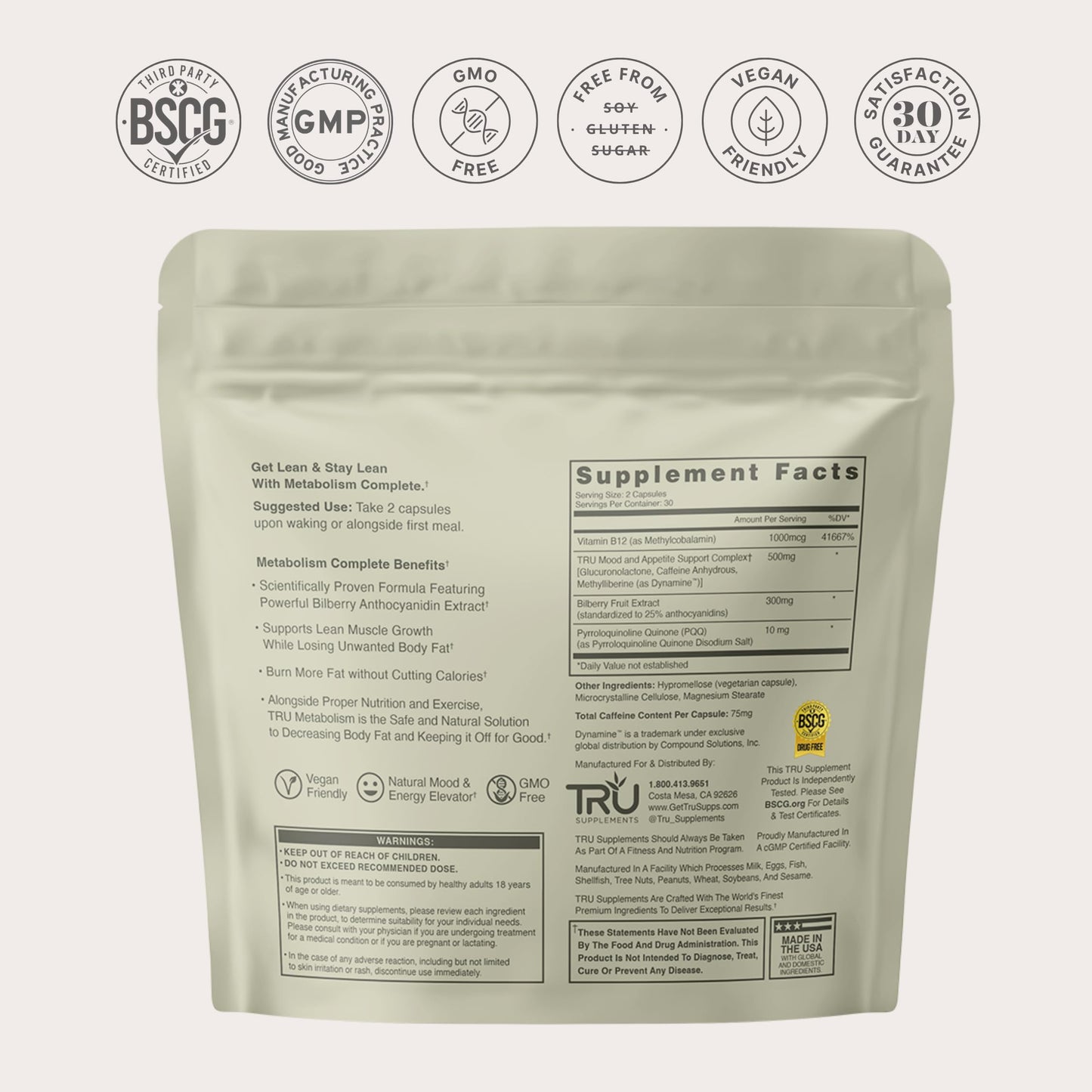 TRU Supplements Metabolism, Advanced Fat Loss, Fight Cravings, Boost Mood, No Jitters or Crash Capsule, 60 Count