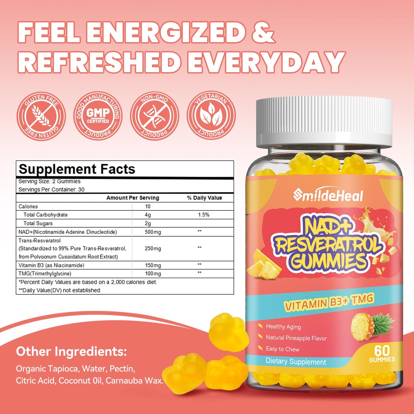 SmildeHeal NAD+ Resveratrol Gummies – NAD+ Supplement 500mg with Vitamin B3 & TMG – Healthy Aging, Energy & Cellular Health Support – Vegan Friendly, Natural Pectin – 60 Gummies