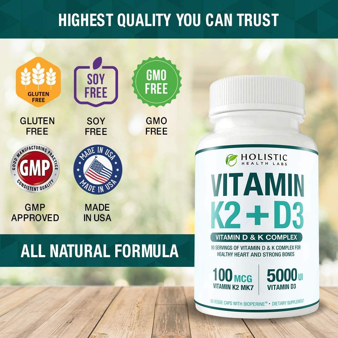 Holistic Health Labs Max Absorption Vitamin K2 + D3 (5000IU) Capsules, 90 Count