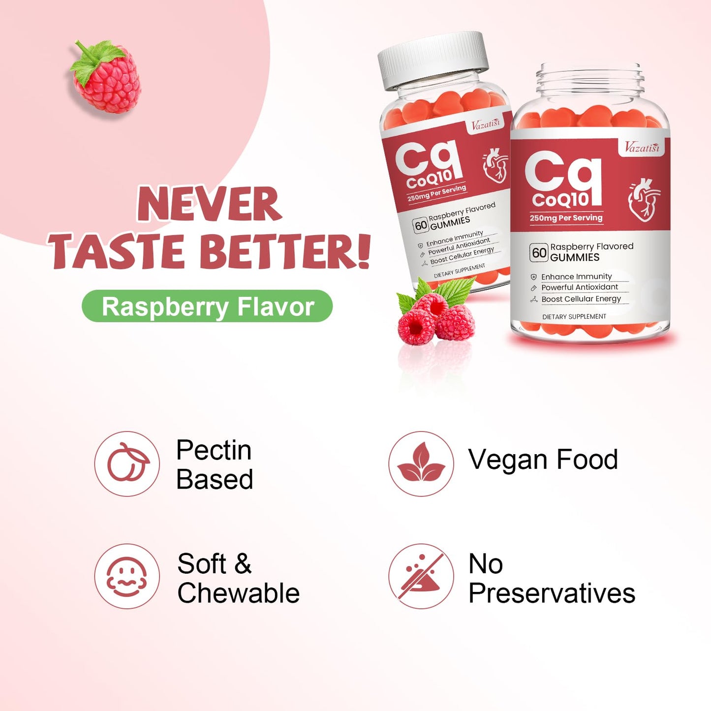 Vazatisi CoQ10 Gummies 250 mg with Omega-3 & Vitamin B3, Raspberry Flavor, 60 Count