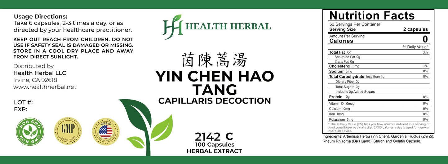 Health Herbal Yin Chen Hao Tang Capillaris Decoction Capsules, 100 Capsules