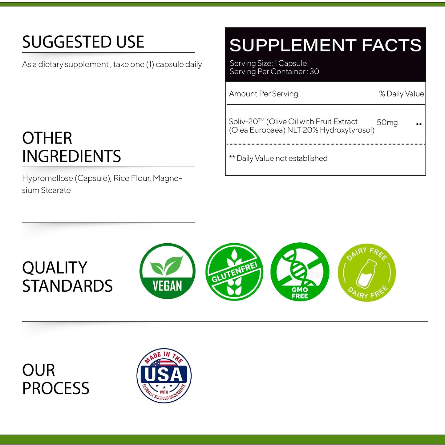 Olive Seed Olive Fruit Extract Supplement 50 mg - Standardized to 20% Hydroxytyrosol Capsules 30 Count