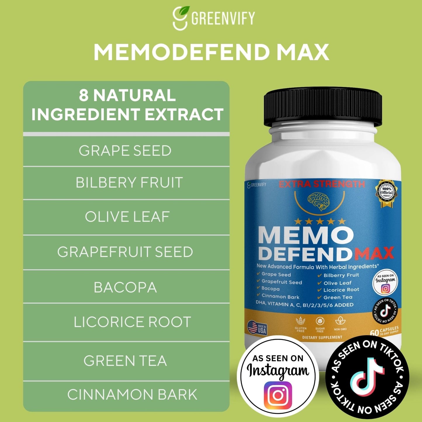 GREENVIFY Memo Defend Max Memory Support Supplement, 60 Capsules