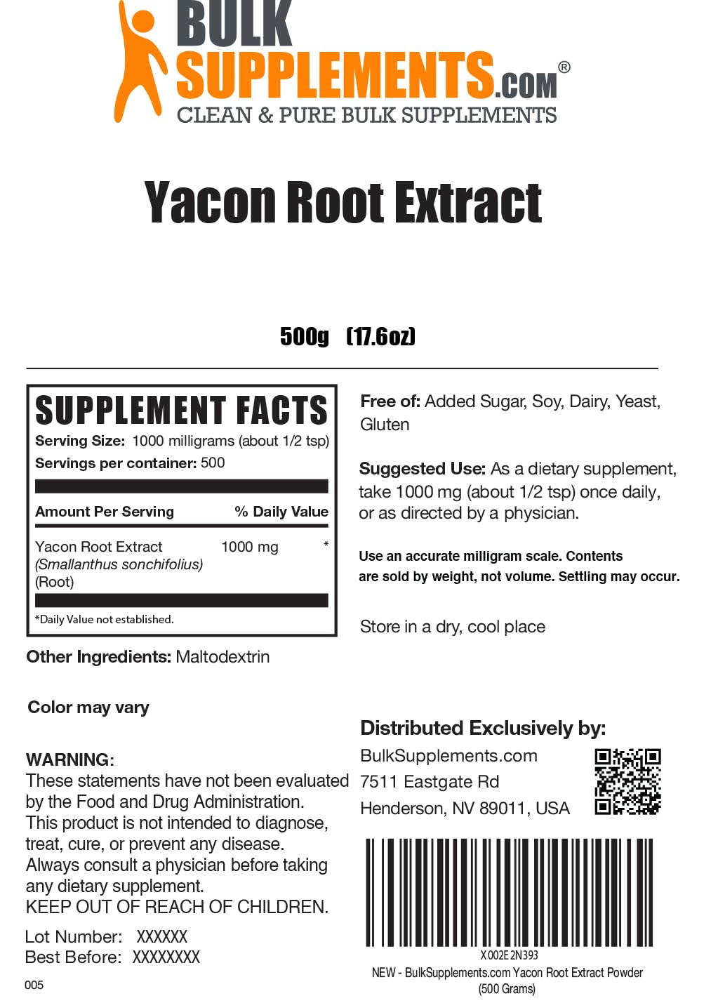 BulkSupplements Yacon Root Extract Powder - Sugar Substitute, Natural Fiber Sweetener - Gluten Free, 17.6 oz