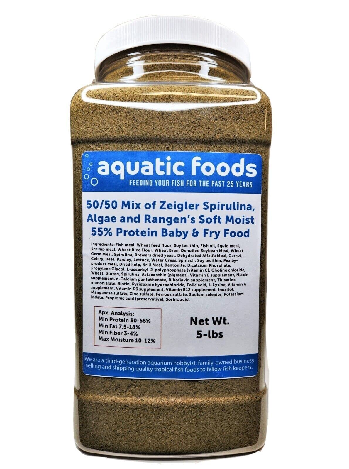 Aquatic Foods Inc. 50/50 Mix of Spirulina, Algae Powder and Rangen's Soft Moist 55% Protein Koi & Tropical Fish Fry, Floating Powder, 80-count